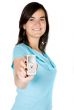 beautiful girl showing her mobile phone