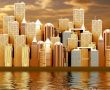 corporate buildings at sunset