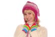Smiling blond girl in cap and Multi-coloured gloves