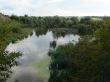 Deep calm river waters near forest