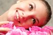 happy girl and bouquet of roses