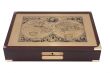 Old wooden box for documents with an ancient map.