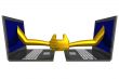 The stretched hand from a computer. 3d image.