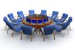 Twelve workplaces behind a round table. 3D image.