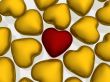 One red heart among gold. 3D image.