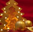 Christmas ornaments on red