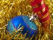 Christmas blue ornaments and ribbons