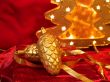 Christmas ornaments on red