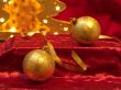 Christmas ornaments on red