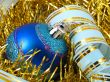 Christmas blue ornaments and ribbons