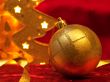 Christmas ornaments on red