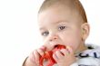 Baby gnawing red toy