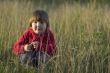 Calm little girl in fall sunset