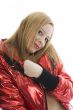 Blonde in red jacket