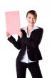 happy business woman holding a blank board