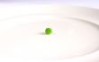 Single green pea on white plate.