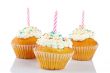 Three tasty muffins with candle