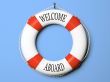 Red and white life buoy isolated on blue background