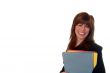 attractive friendly female business executive with files