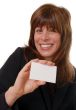 woman with blank business card, space for text