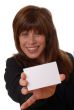 woman with blank business card, space for text