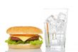Cheeseburger and empty glass