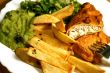 fish and  chips with peas and salad