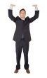 business man holding something up