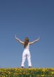 Young woman exercising in dandelion field