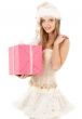 santa helper in corset and skirt with gift box