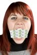 Girl biting a blank greeting card