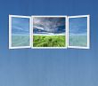 Open window freedom concept on blue wall