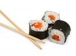 sushi and chopsticks on white