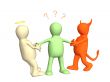 3d devil and angel pulling person for hands