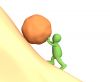 3d person puppet pushing uphill a heavy stone