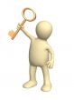 3d person a puppet holding in a hand a gold key