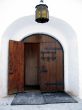 Door in ancient Russian style. Lantern