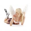 laying lingerie angel blonde in checkered skirt