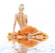beautiful lady with orange towels on white sand