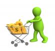 Puppet, carrying bags with dollars in the carriage