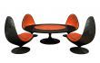 Four black and orange armchairs and table