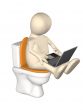 3d puppet, sitting with a notebook on toilet bowl