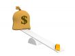 Ingot of gold and bag with dollars on weights