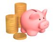 Columns of gold coins, near to a pig a coin box