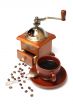 old coffee mill with Beans and cup of coffee