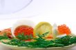 Red salmon caviar and cooked prawns
