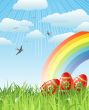 easter with eggs, birds and rainbow / vector