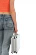Young woman holding a metal case