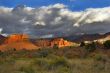 Red rocks and rain clouds.