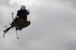 Freestyle. Snow Skier Jumping over sky.